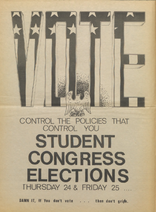 page from Focus encouraging students to vote for student congress elections